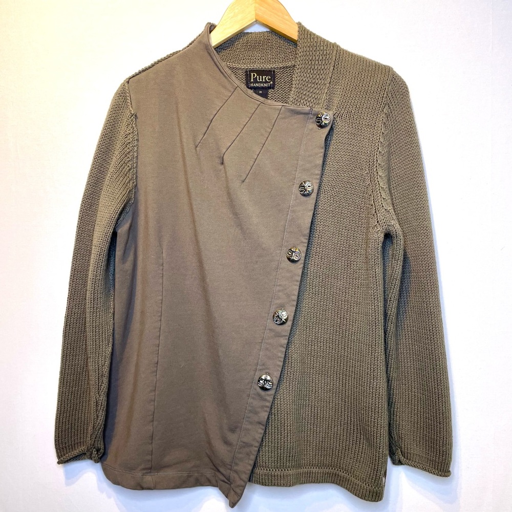 Pure Handknit M Asymmetrical Cardigan Khaki Green Sweater 100% Cotton